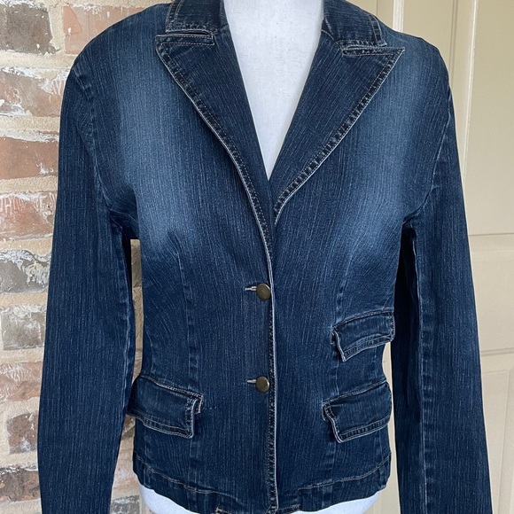 Casual Corner Denim Blazer Jean Jacket Dark Blue Stretch Notch Lapel Size 8 - Picture 2 of 11